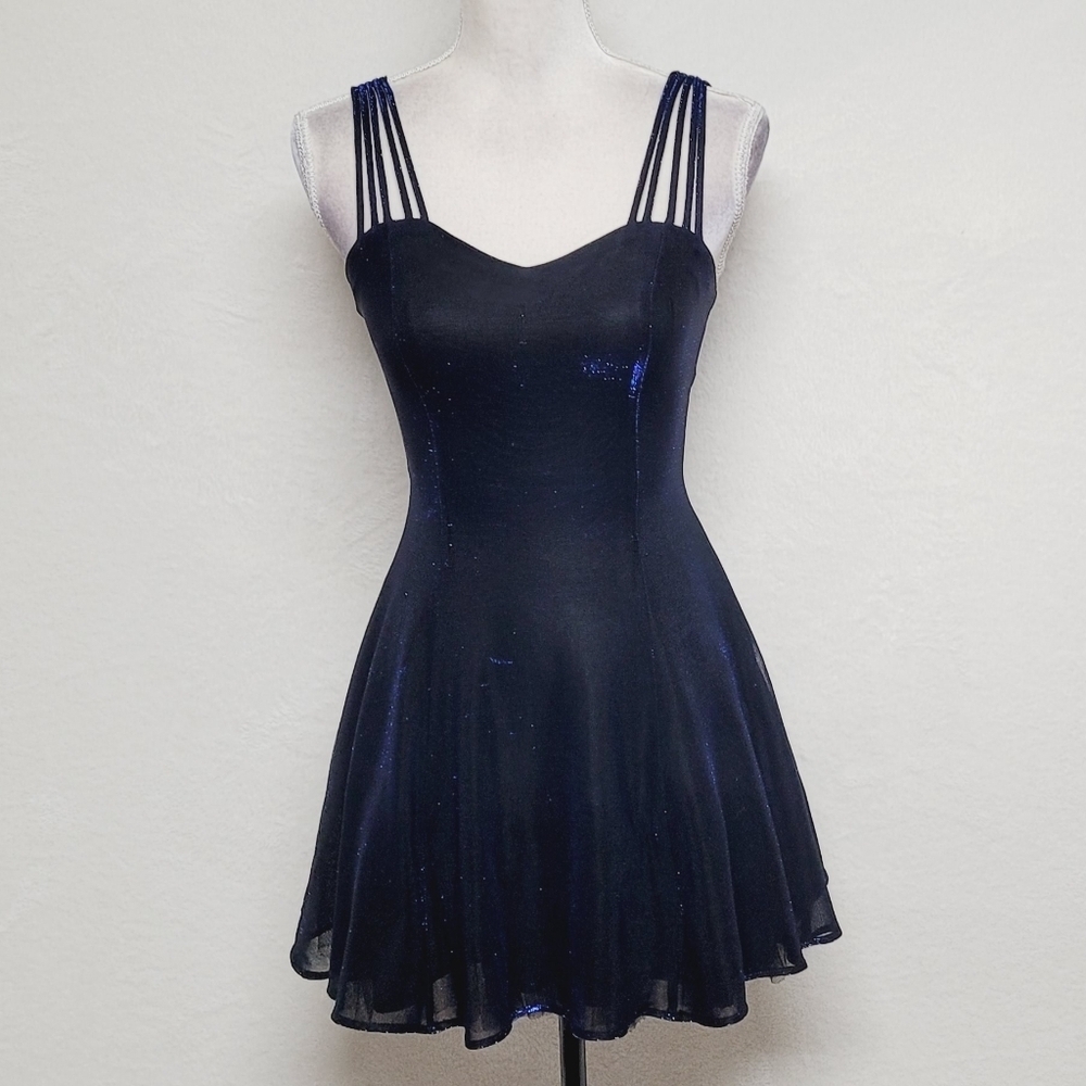 Vintage 90s All That Jazz Blue Metallic Mesh Strappy Fit & Flare Mini Dress - Picture 4 of 13